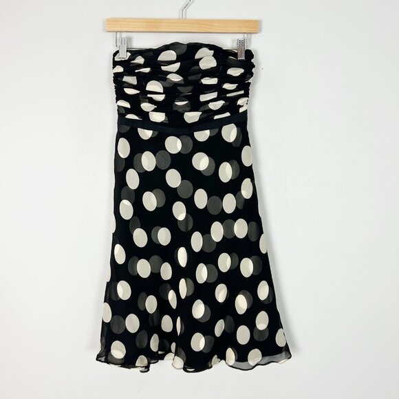 Y2K Ann Taylor Polka Dot Strapless Silk Dress Black Size 2 Petite Women's - Picture 2 of 5